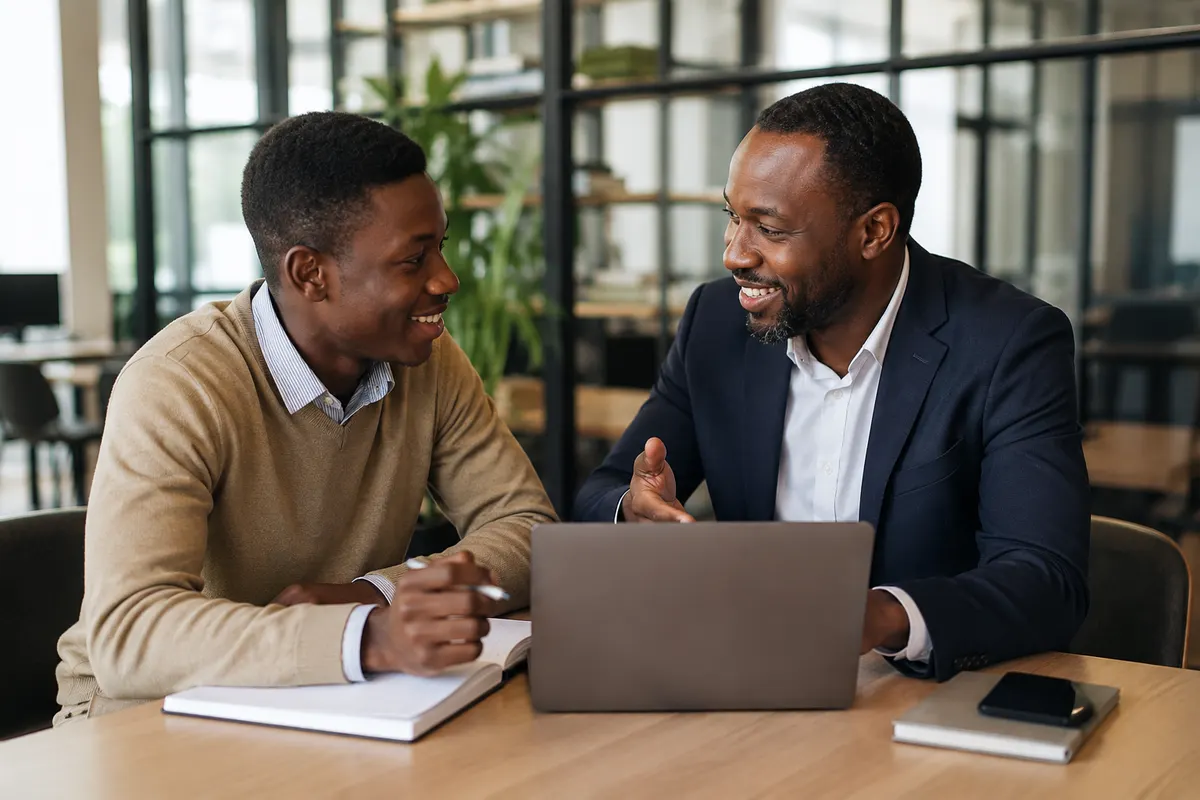 An adviser walking a colleague through a tool on a laptop