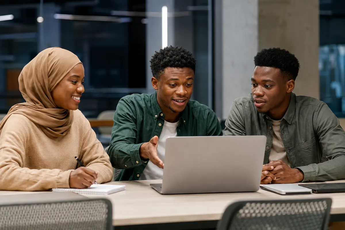 Three young professionals talking through work on a laptop
